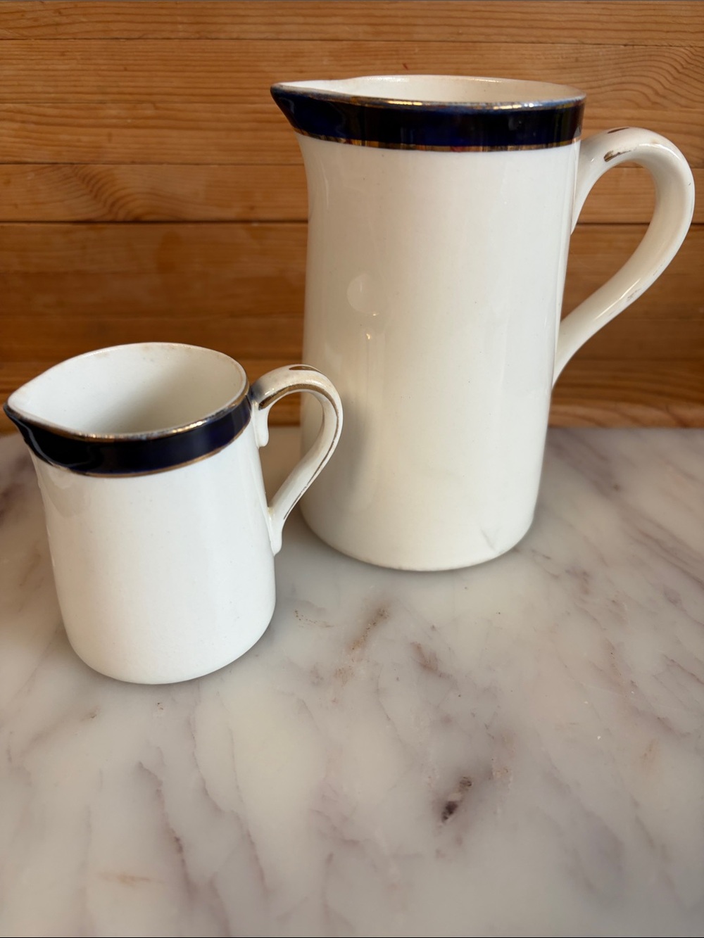 Alfred Meakin White Ceramic Pitcher and Creamer Set with Navy Trim